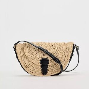 Zara Womens Woven Straw Crossbody Bag Leather Strap & Magnetic Closure